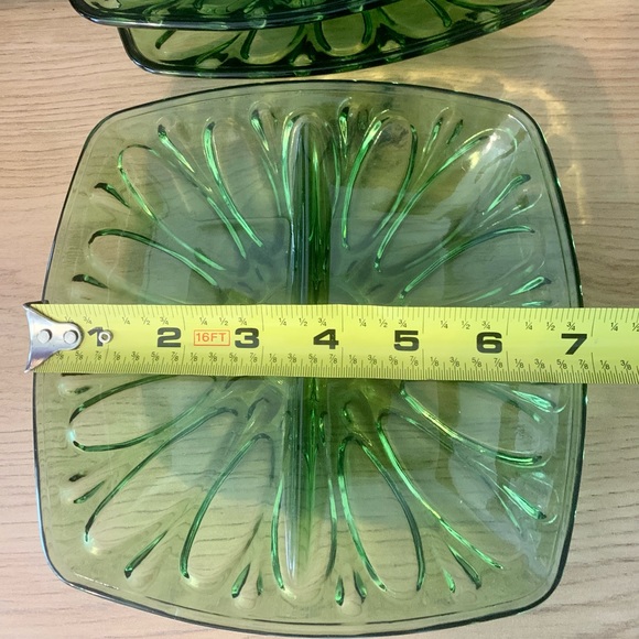 Green Glass Two Part Divided Relish Plate Square Optic 7in Set Of 3 - Picture 3 of 11